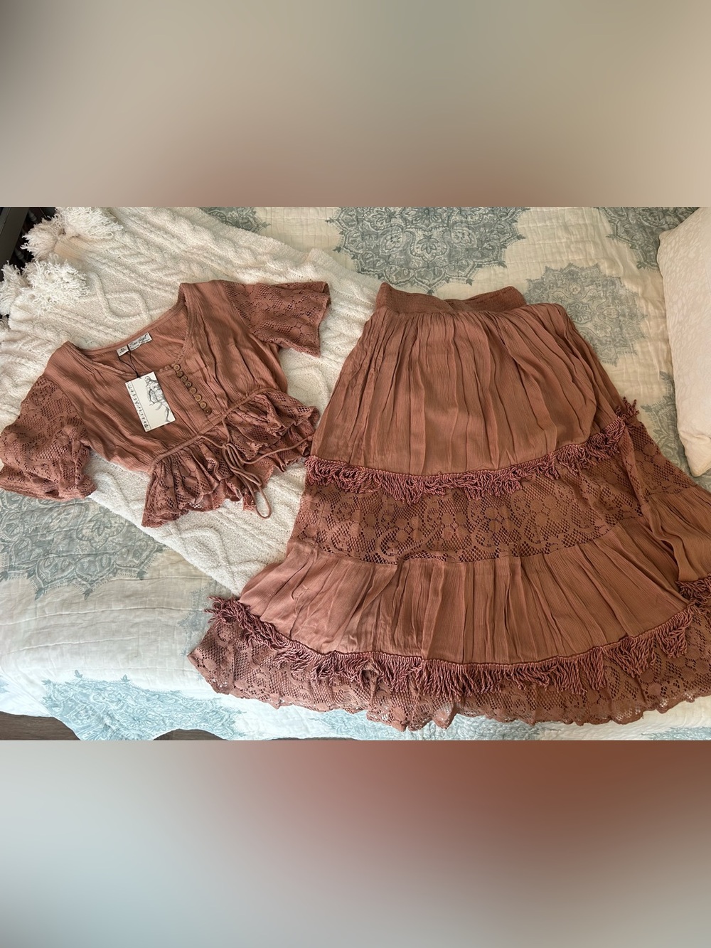 Tree of Life Peace Angel Dusty Rose Boho Tiered Lace Maxi Skirt Set